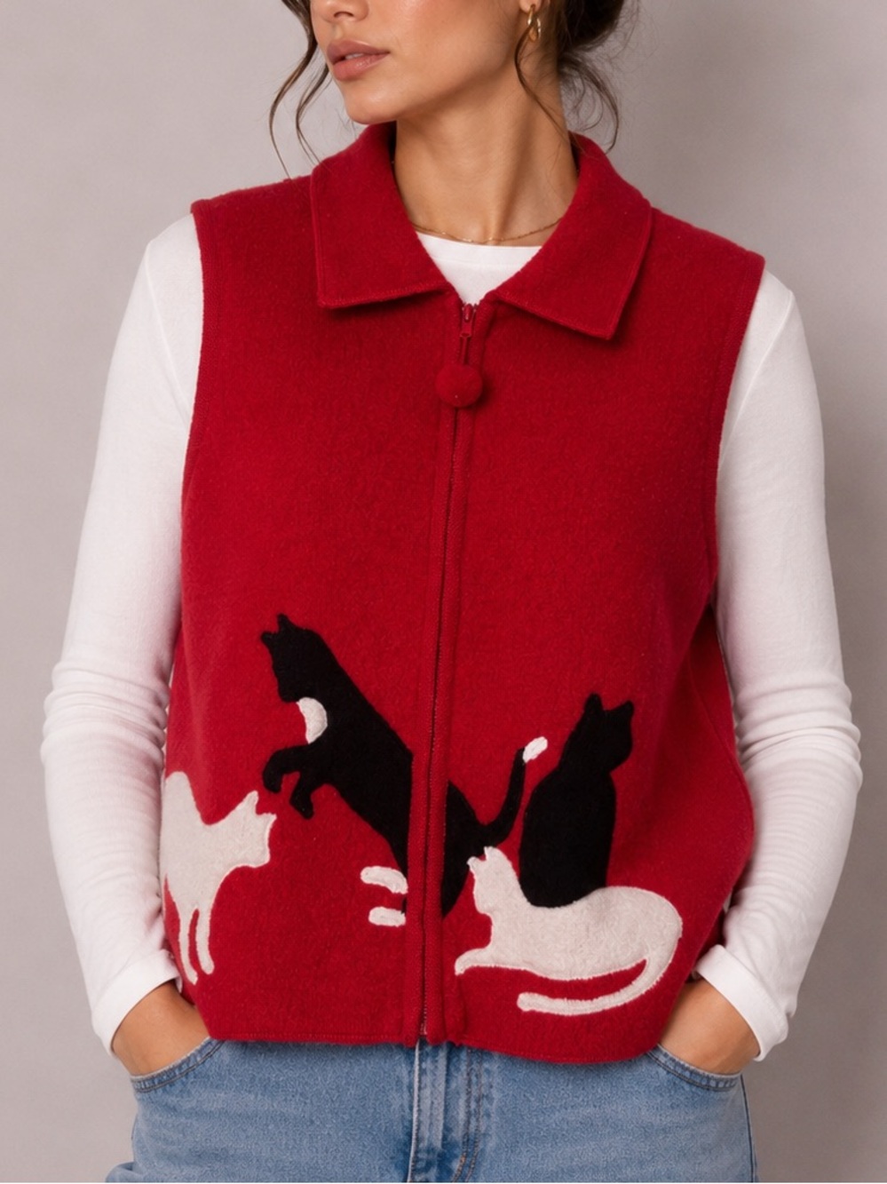 Vintage Vest TanJay Red Cat Print Zip Front Knit Vest 100% Wool Warm